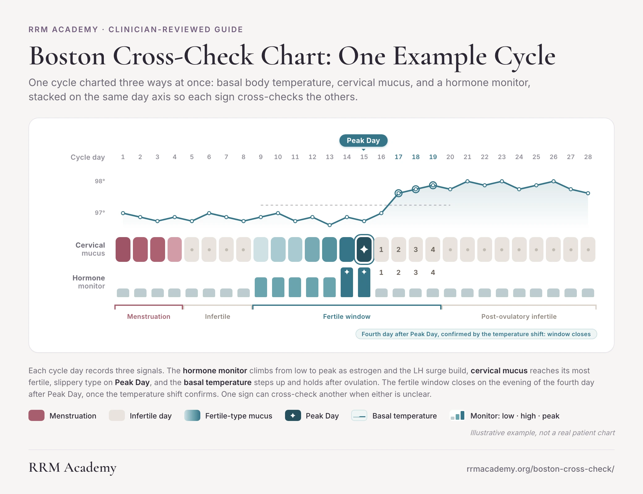 Boston Cross-Check chart example showing one cycle charted with temperature, cervical mucus, and hormone monitor readings together.