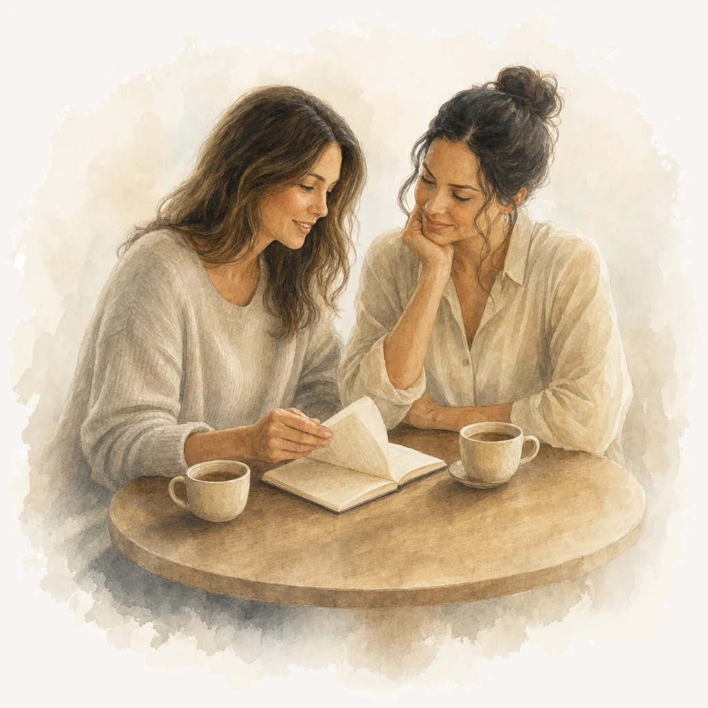 Two women at a table with coffee, one showing the other a page in her notebook