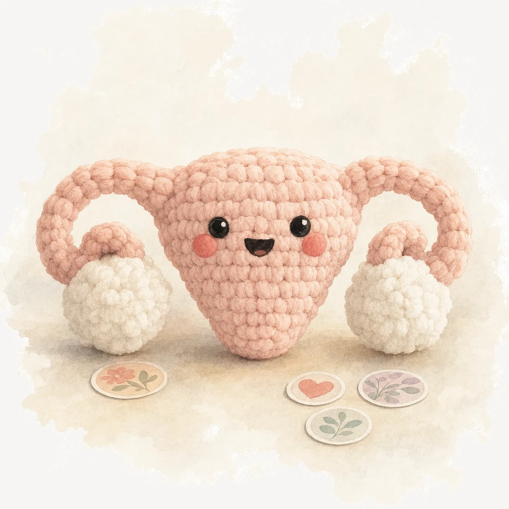 The Cuterus, the Save the Uterus Club's soft pink crocheted mascot, with fluffy white pom-pom ovaries, sitting beside a scatter of stickers