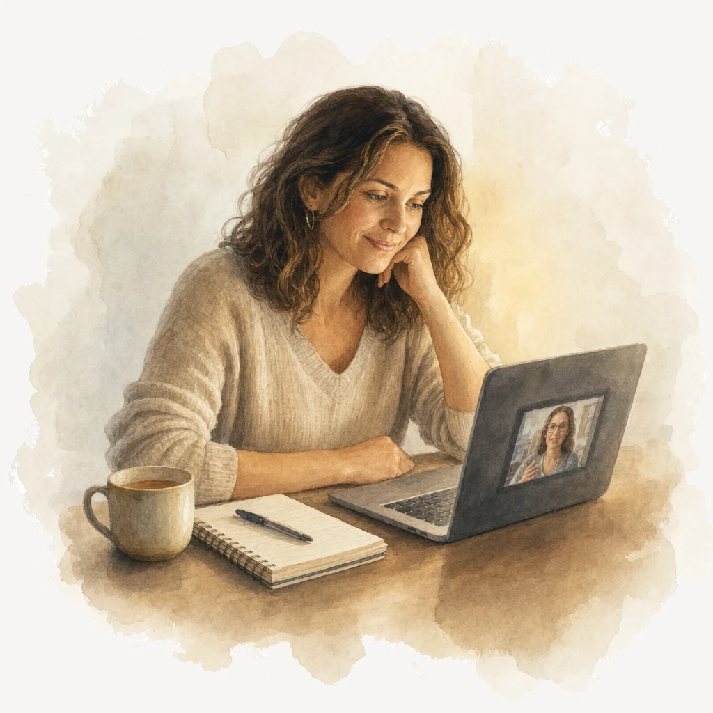 A woman at her kitchen table in warm evening light, joining a live video call with a notebook and tea beside her